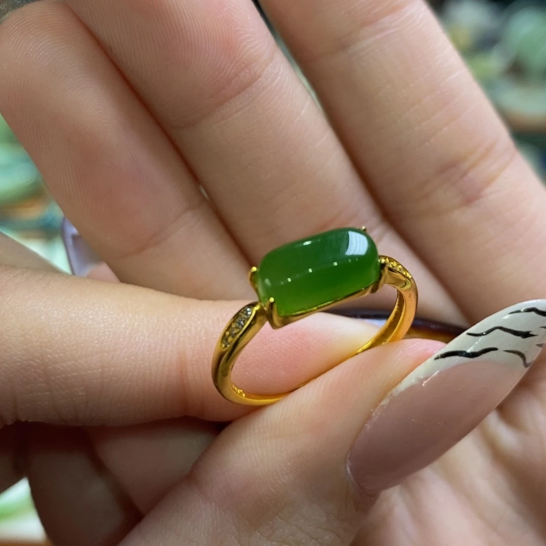 和田玉银S925镀金镶嵌手镯俄料冰底苹果绿戒指