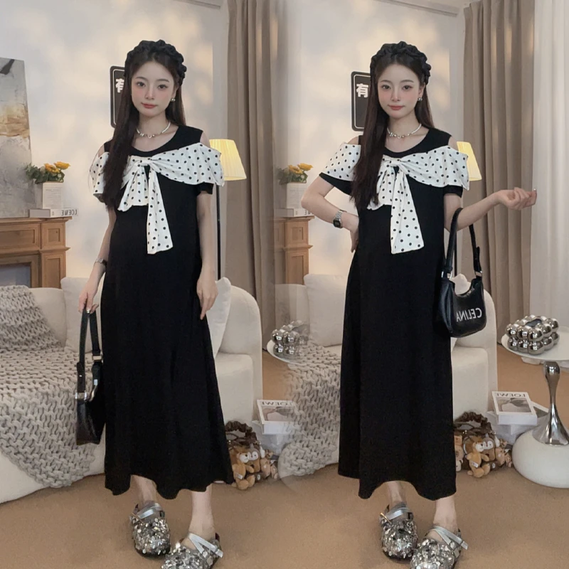 孕妇装法式优雅气质露肩蝴蝶结小黑裙夏季新款大码显瘦气质连衣裙