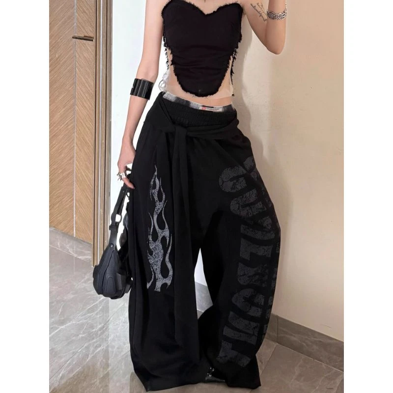 设计感火焰飘带休闲运动卫裤男女宽松阔腿裤直筒垂感爵士舞裤子潮