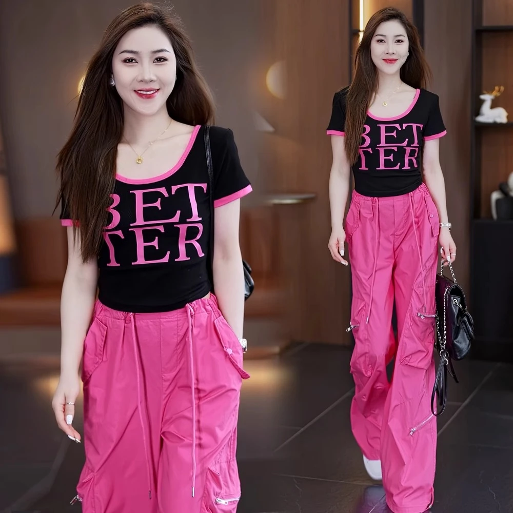 休闲运动套装女2025夏季新款字母印花短袖T恤工装阔腿裤两件套潮