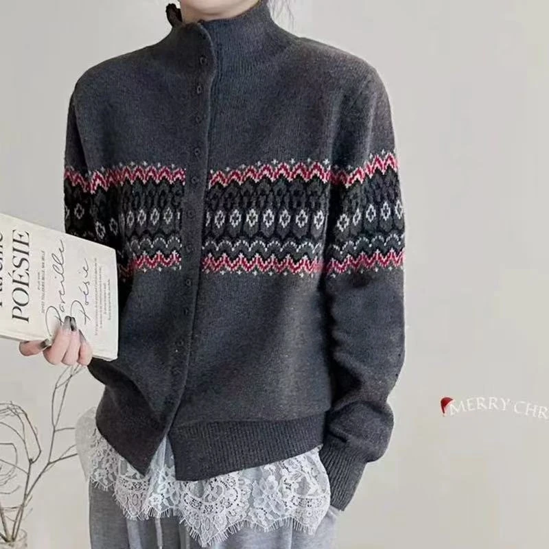 【专属】高级灰费尔岛半高领单排扣针织衫毛衣加厚纯色冬季女毛衫