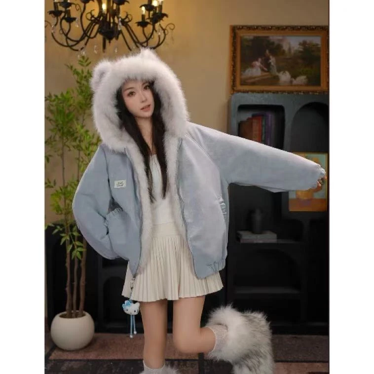 女童两面穿派克服外套2025新款秋冬加绒加厚棉服时髦毛毛衣