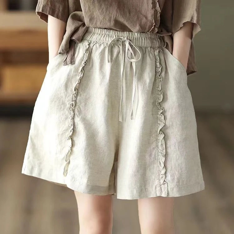 【现货+运费险】木耳边设计棉麻阔腿短裤女夏季宽松休闲裤Y668