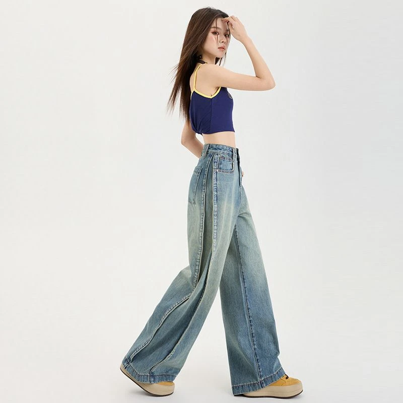 美式复古阔腿牛仔裤女2025春季新款设计感高腰宽松显瘦直筒拖地裤