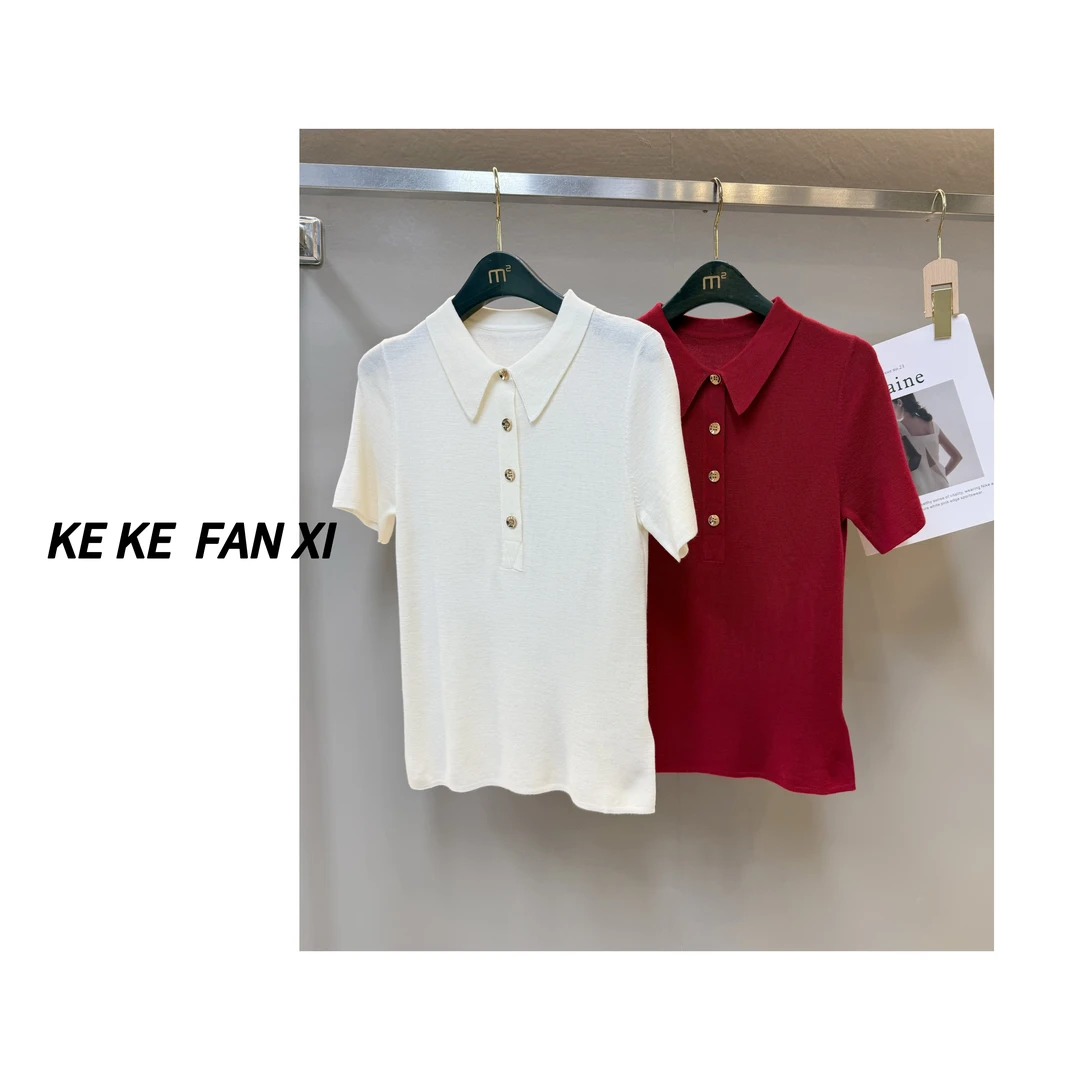 9190短袖POLO领口T恤显瘦针织时尚休闲百搭翻领女士纯色套头