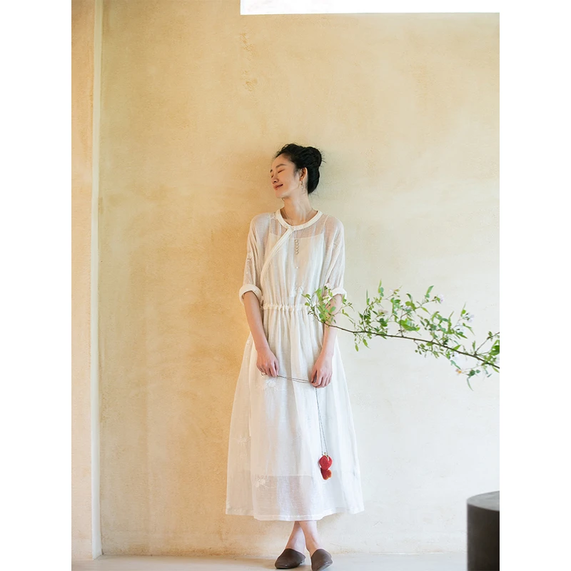 牧衣游原创 机绣棉麻连衣裙女夏新款轻薄仙气白色气质长裙 解语花