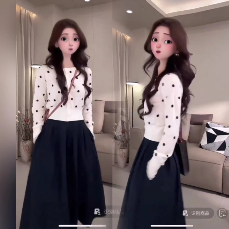 早秋新款百搭复古法式小香风轻奢波点提花长袖针织开衫上衣+半裙