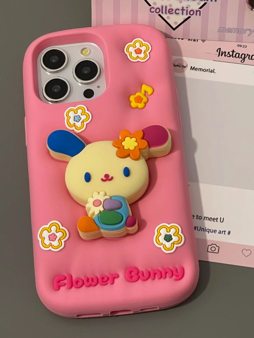 卡通粉色花小兔支架iPhone16promax适用苹果15手机壳14硅胶13链条