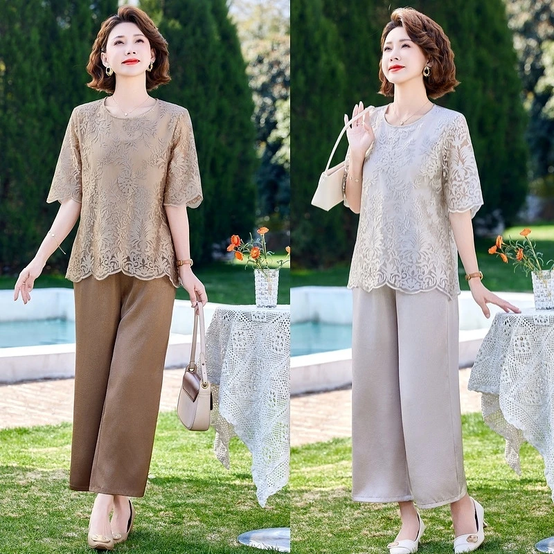 中年妈妈夏装短袖T恤套装洋气时尚新款中老年女装雪纺小衫两件套