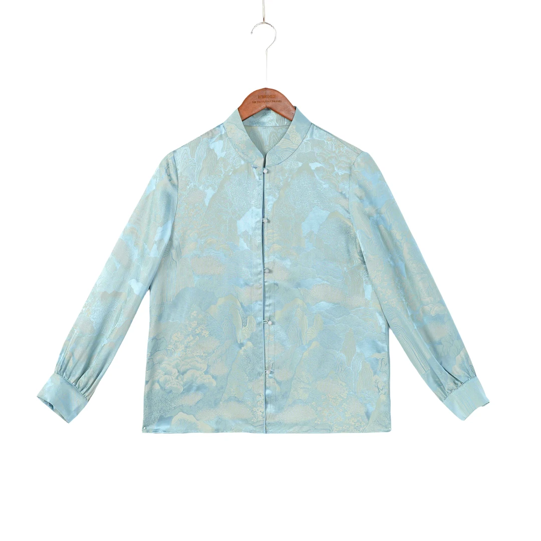 【青溪】桑蚕丝新中式国潮清冷感气质别致开衫上衣复古长袖F25006