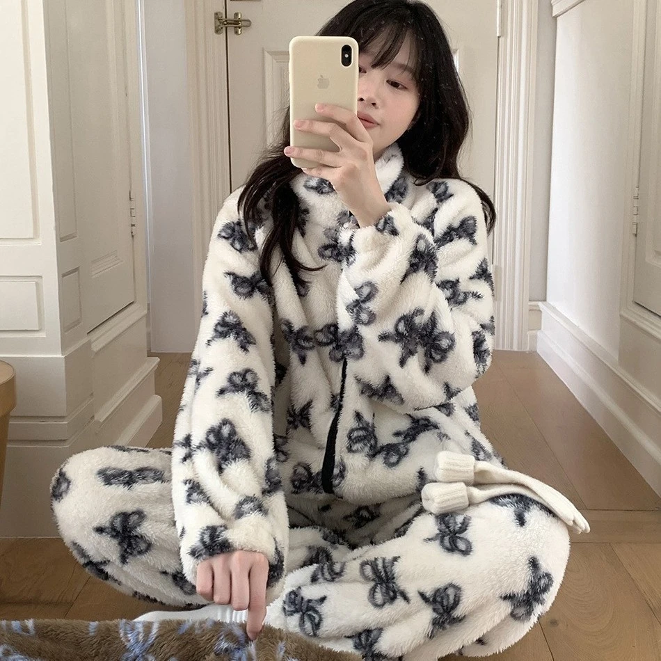 韩式 ins冬季加厚双面绒蝴蝶结拉链立领韩系休闲家居服睡衣套装