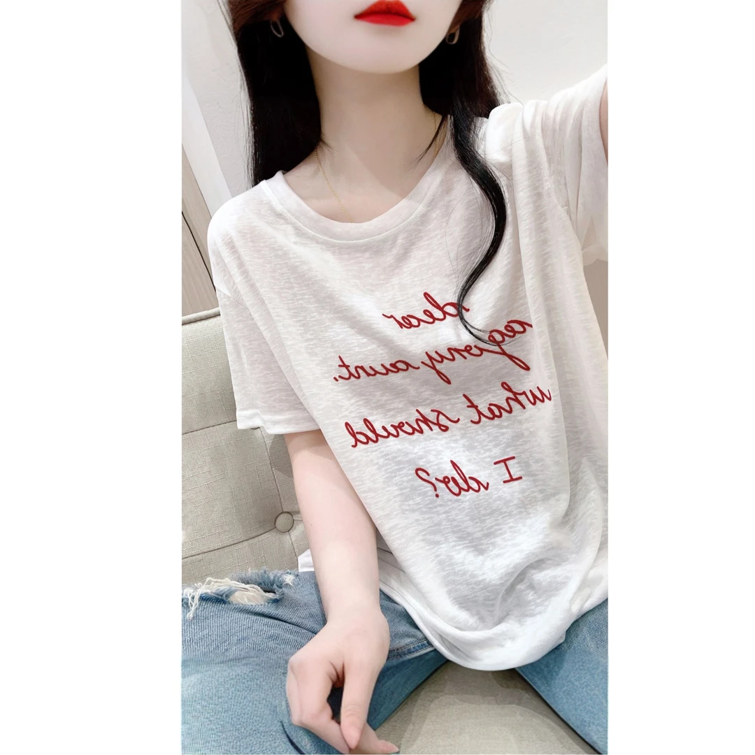 雪花棉白色轻薄字母印花T恤女宽松百搭圆领短袖2025夏季薄款上衣