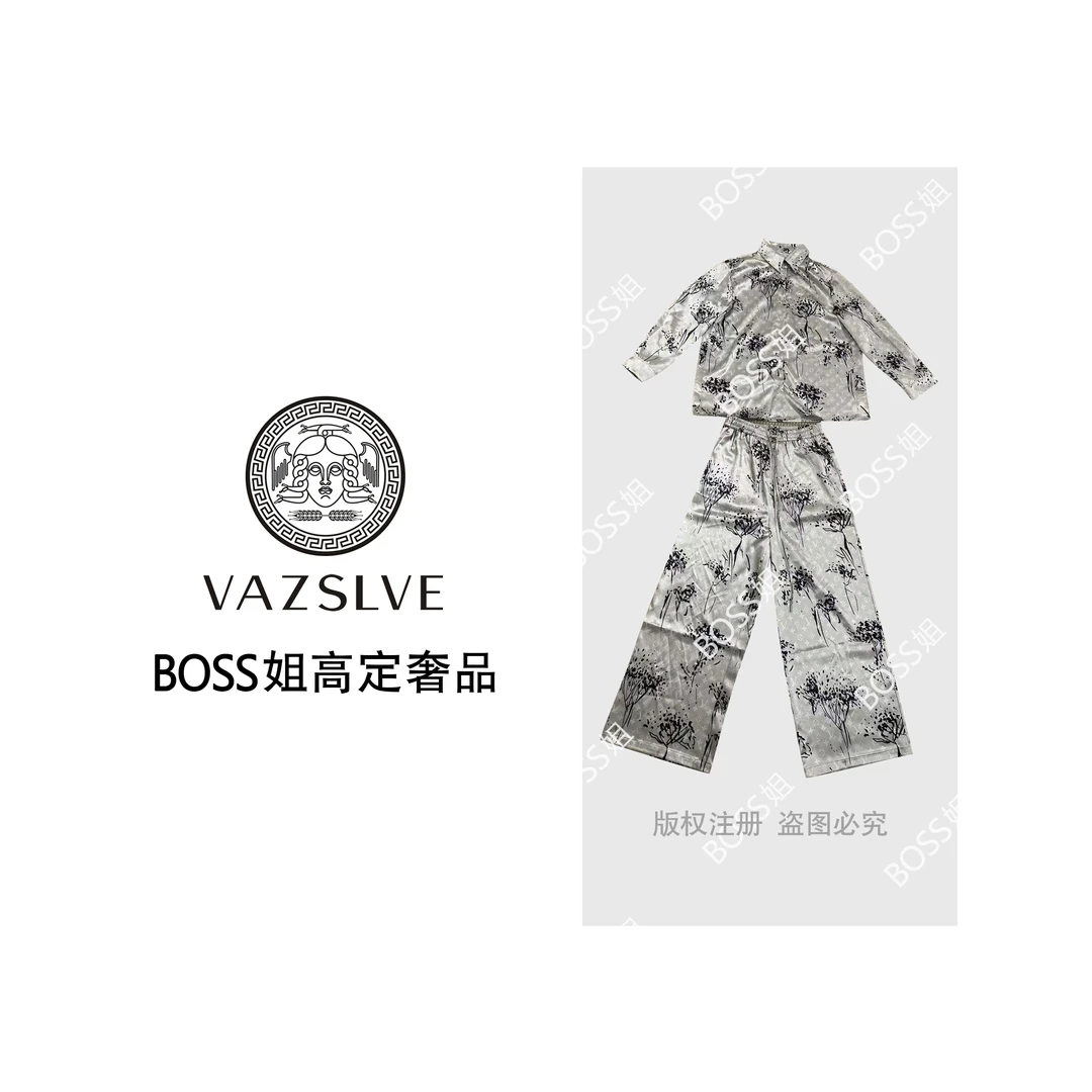 VAZSLVE/原创设计银色印花缎面套装衬衫阔腿裤时尚腔调拿捏2073