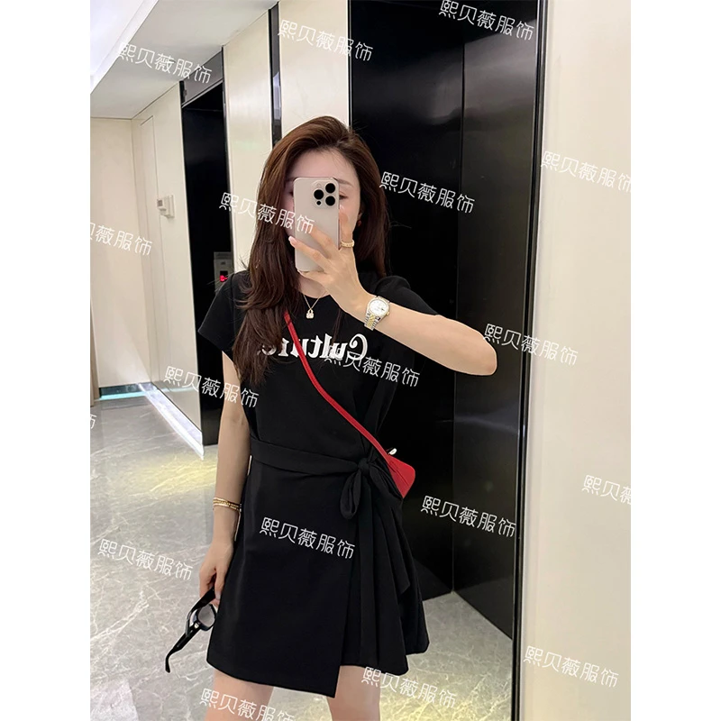 【只出不进-浮浮款】欧货字母印花不规则收腰绑带减龄连衣裙 G7727