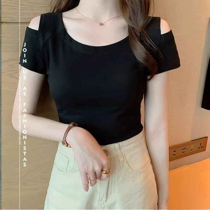 2025年夏季新款短袖黑色t恤女短款圆领高腰露脐韩版修身上衣ins潮