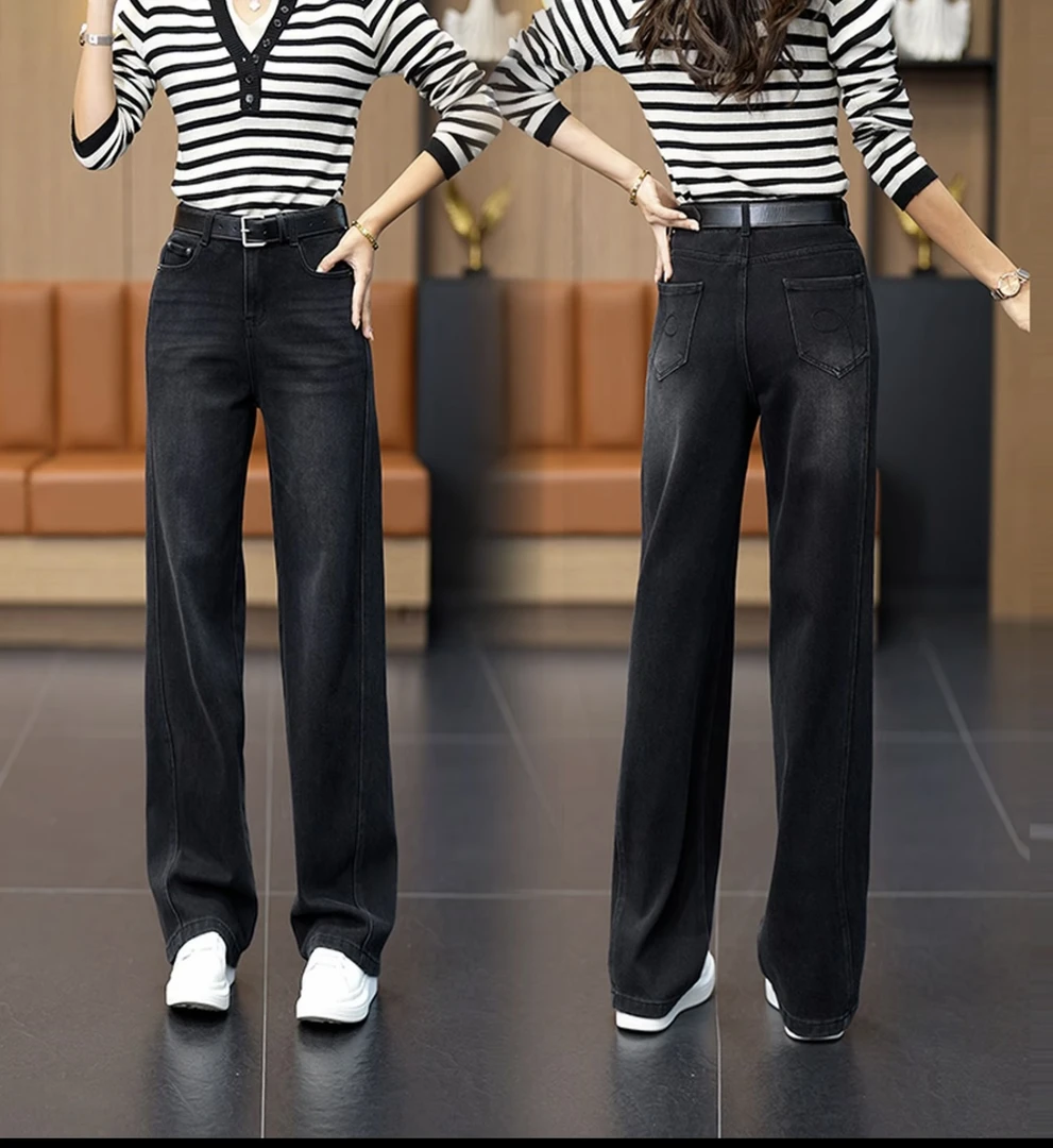 秋冬直筒加绒牛仔裤女款2025爆款百搭垂感宽松显瘦窄版阔腿休闲裤