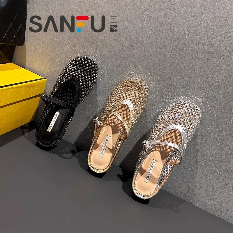 三福爆款水钻内增高包头半拖鞋女2025年外穿夏季新款网纱凉拖鞋女
