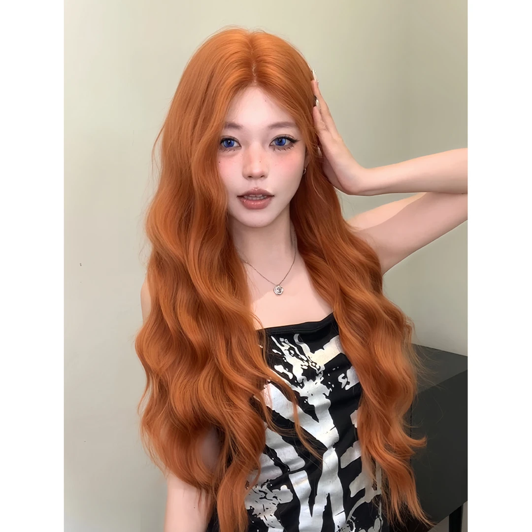 【橘子汽水】全头套假发同款升级发丝长卷发中分脏橘色夏日女款