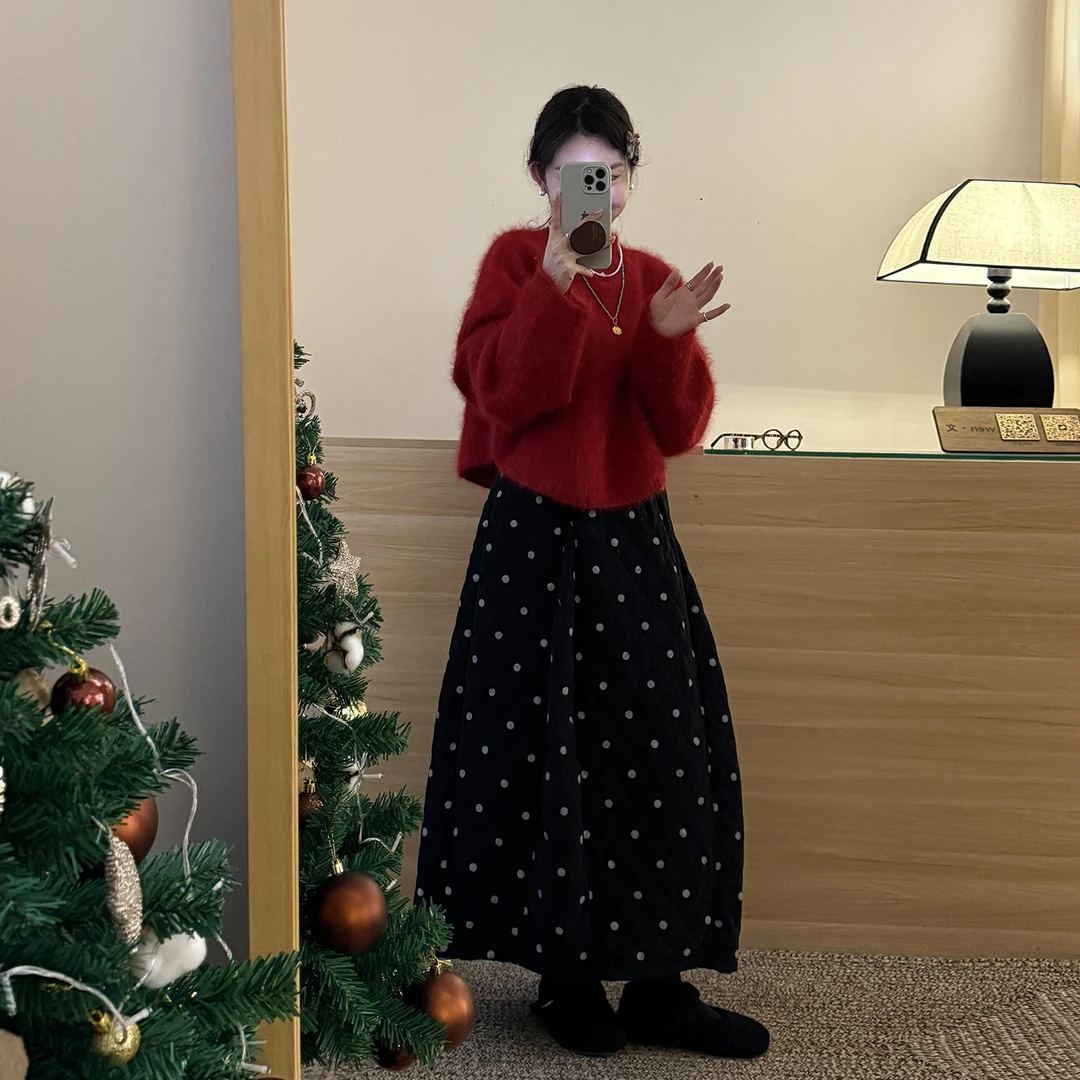 圣诞穿搭红色针织连衣裙子女秋冬季2025新款法式独特冬装一整套装