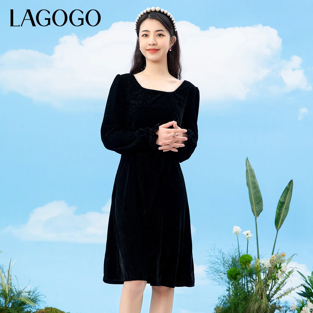 Lagogo新款方领水钻蝴蝶结小镂空连衣裙女LCLL43ZA51
