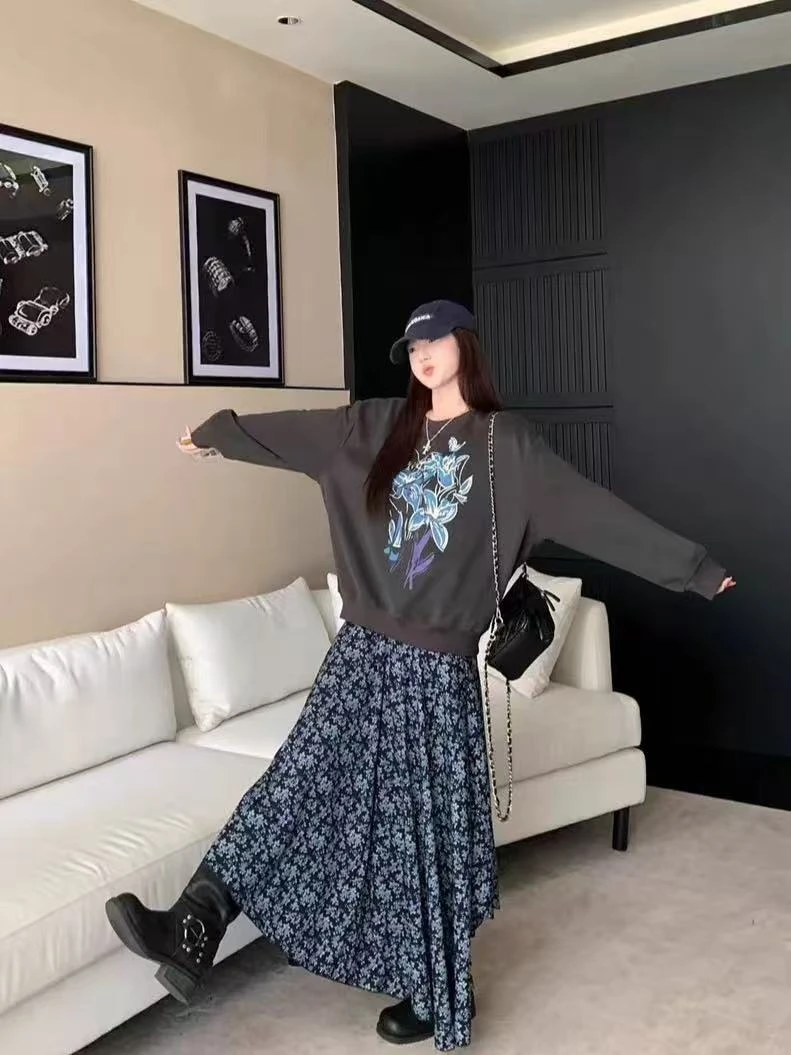 时尚套装印花裙子绣花长裙夏季复古上衣蓝色休闲女装6580