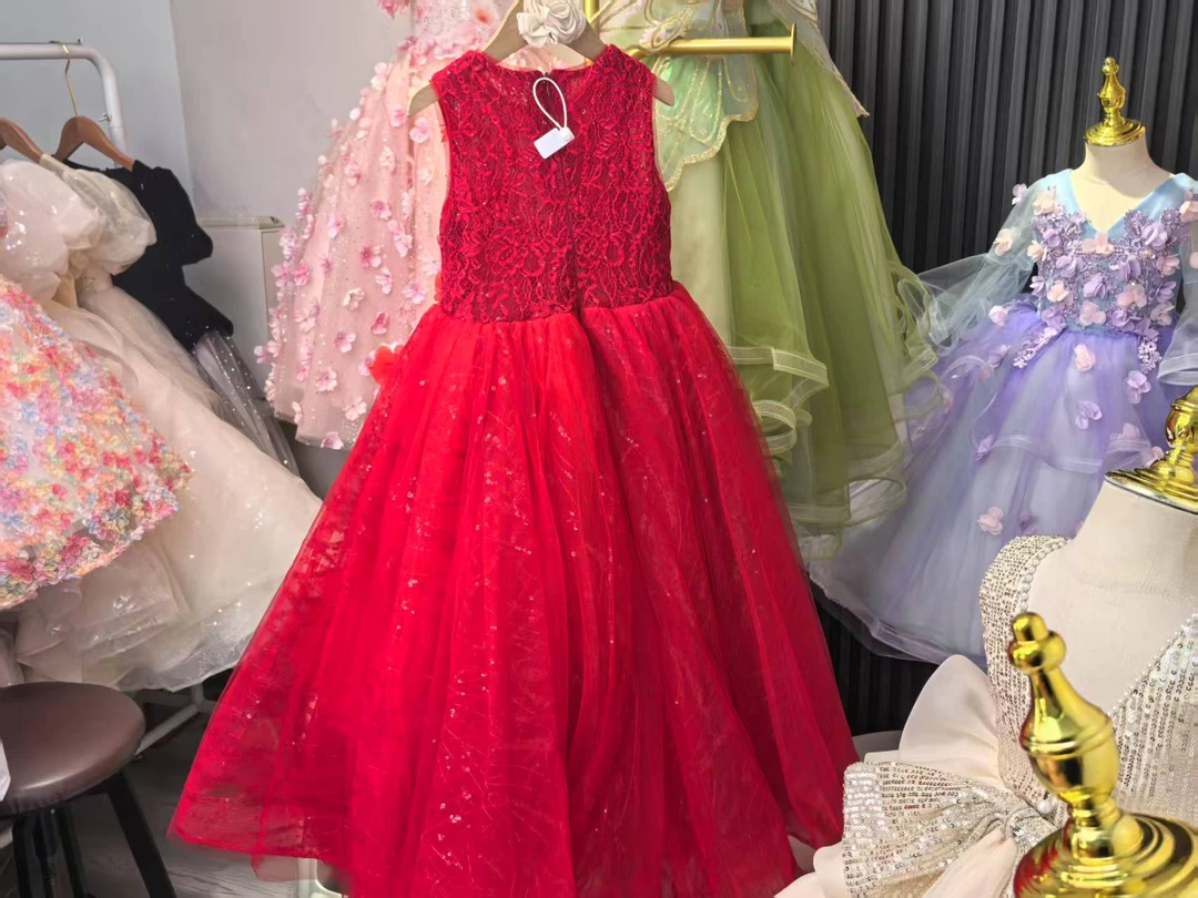 【绯红玫瑰】女童主持人夏季晚礼服钢琴演出服儿童公主裙生日红色