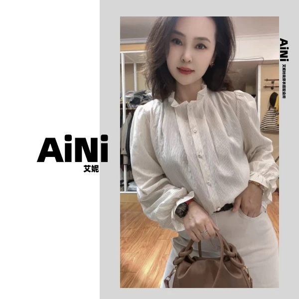 《艾妮家》新款压褶立领泡泡袖竖条纹长袖衬衣70867