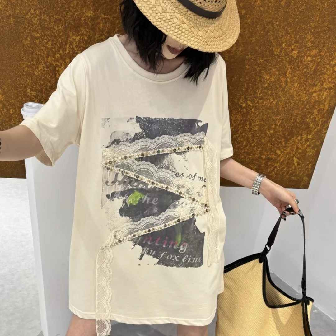 圆领长款短袖抗起球中长款T恤复古印花设计感卡其色