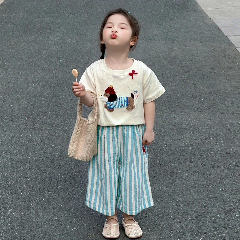女童短袖套装夏装2025新款儿童百搭宽松休闲卡通上衣条纹阔腿裤潮
