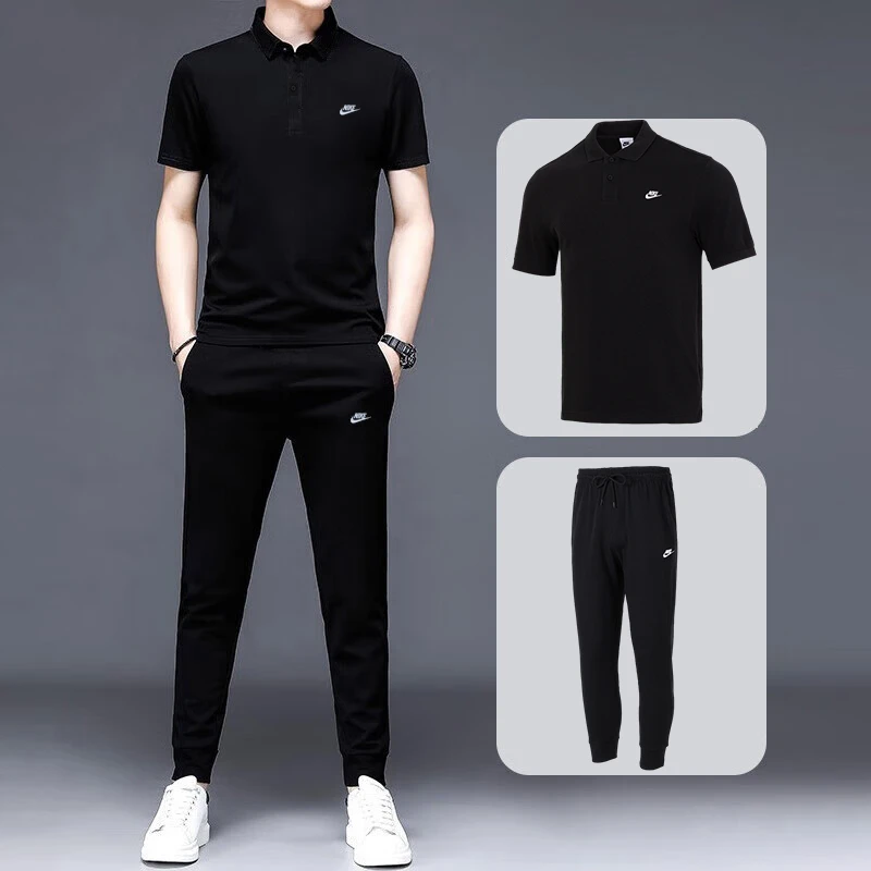 【流光风】NIKE耐克黑色运动套装男士POLO衫休闲短袖健身训练长裤