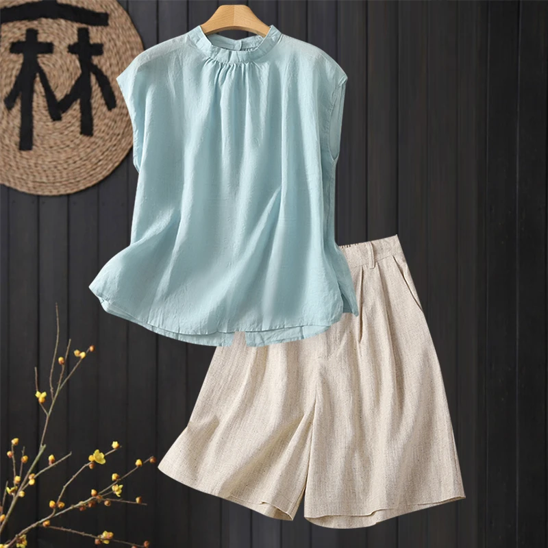 大码女夏装洋气减龄亚麻套装女士高端苎麻无袖上衣休闲短裤两件套