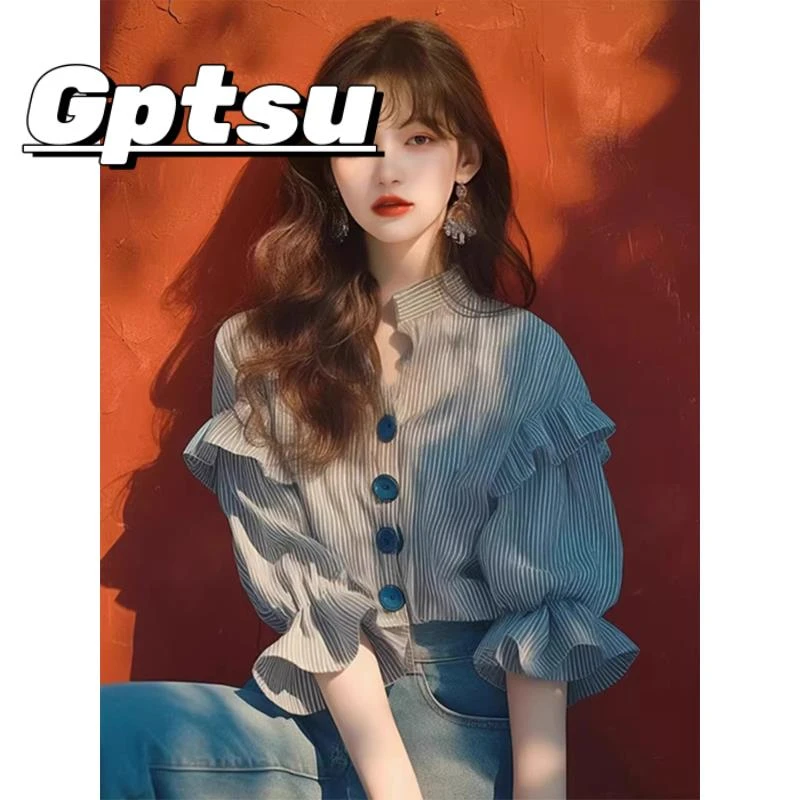 GPTSu夏季流行爆款小众独特上衣洋气时髦别致超好看黑白条纹荷潮