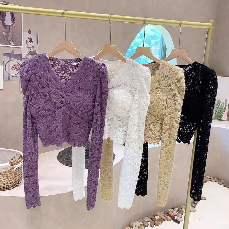 【万达撤柜】性感蕾丝黑色修身长袖打底衫女秋冬季内搭小众别致独特