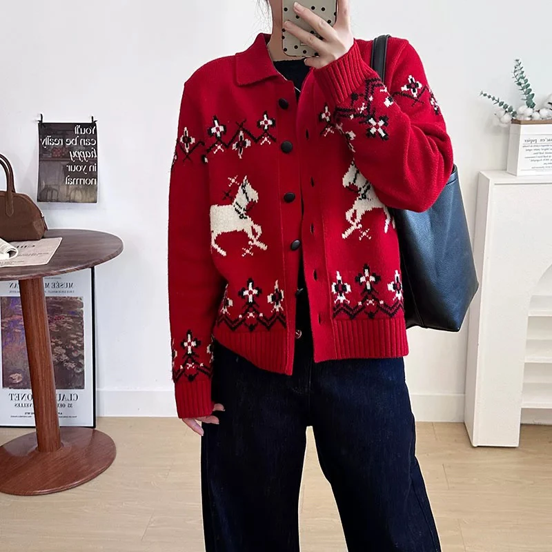 绵翻领红色提花厚款小香风法式软糯开衫女外套明星穿搭