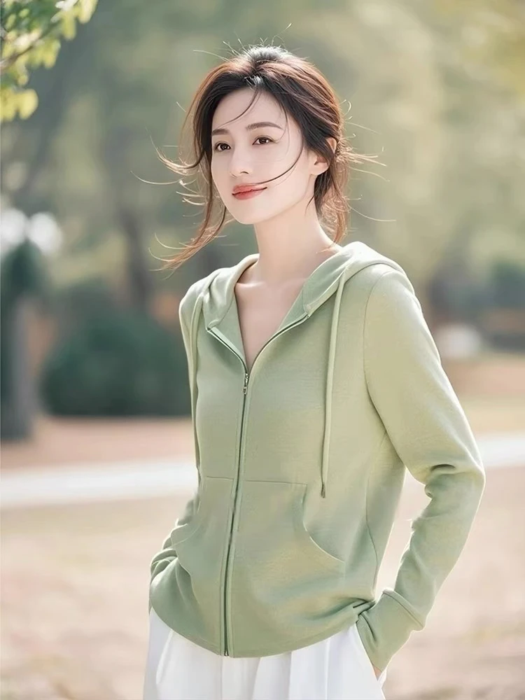 春季2超火减龄浅绿色针织连帽薄款卫衣外套女韩系慵懒风防晒上衣