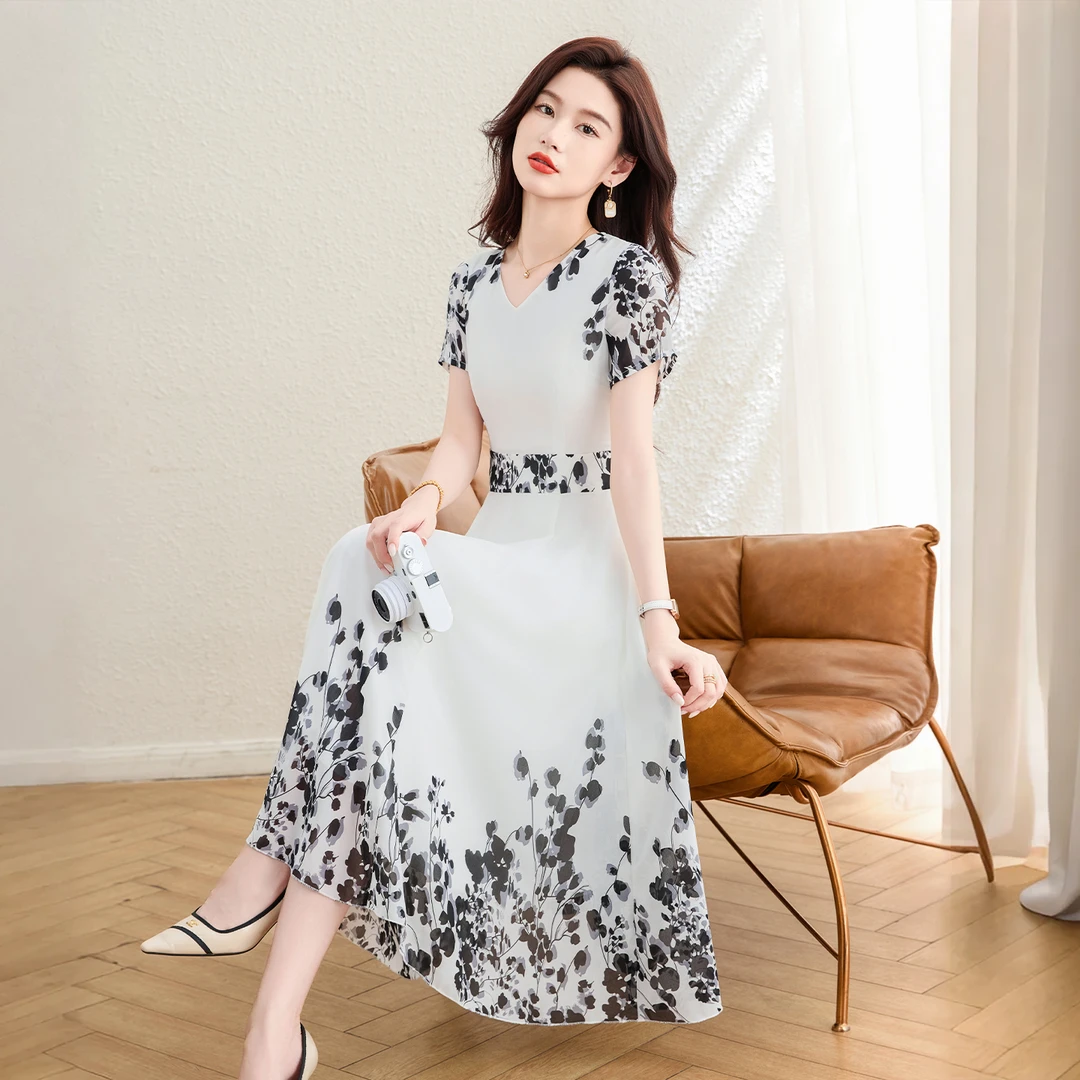 拉夏贝尔水墨画雪纺连衣裙女夏高级感2025新款高端十三行爆款裙子