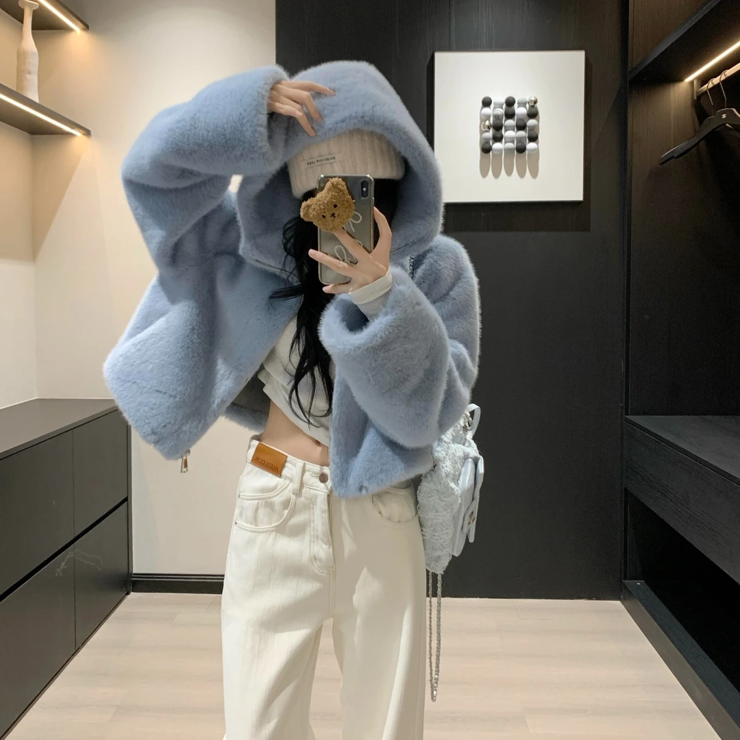 80739毛毛蓝色宽松加绒仿皮草毛茸茸外套女百搭白色高腰牛仔裤