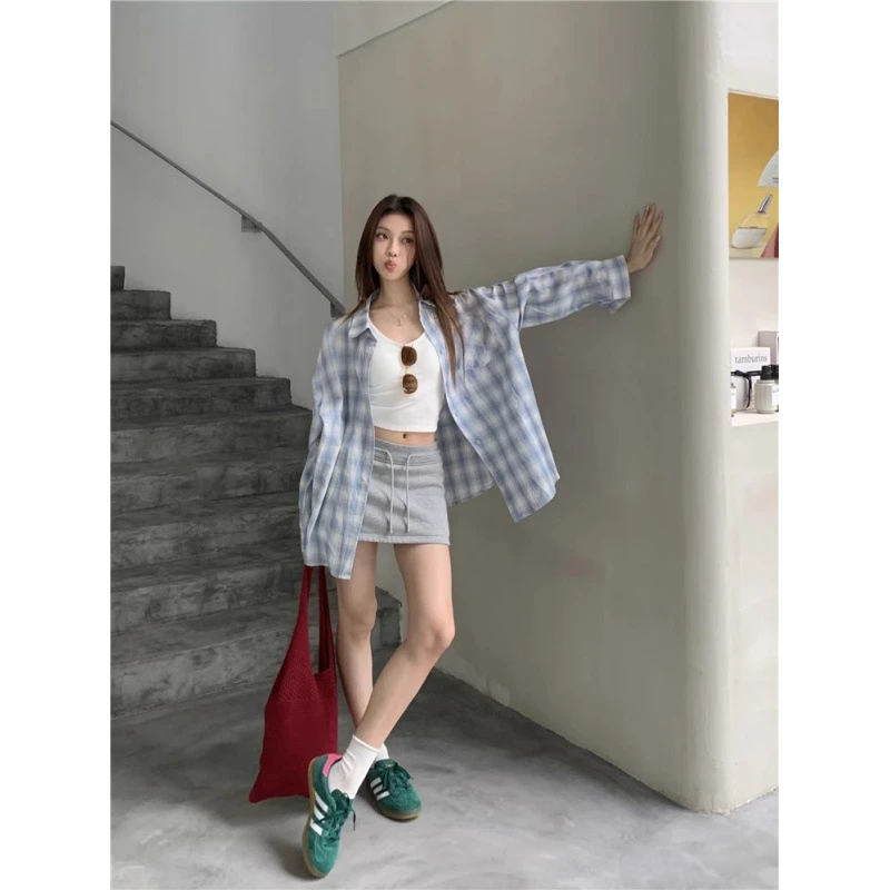 慵懒风复古长袖灰色格子衬衫设计感宽松休闲春秋polo领上衣外套女