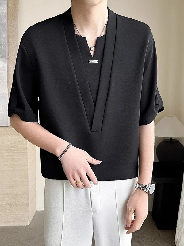 夏季新款冰丝假两件V领短袖衬衫休闲韩系穿搭痞帅无领衬衣高级感