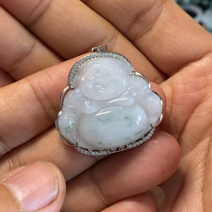 翡翠银S925镶嵌颈饰天然缅甸翡翠A货飘花佛公微瑕