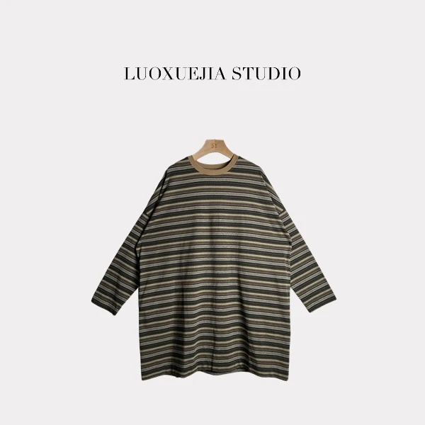 LXJ25498「巴黎悦色」小众洋气圆领撞色条纹长袖连衣裙