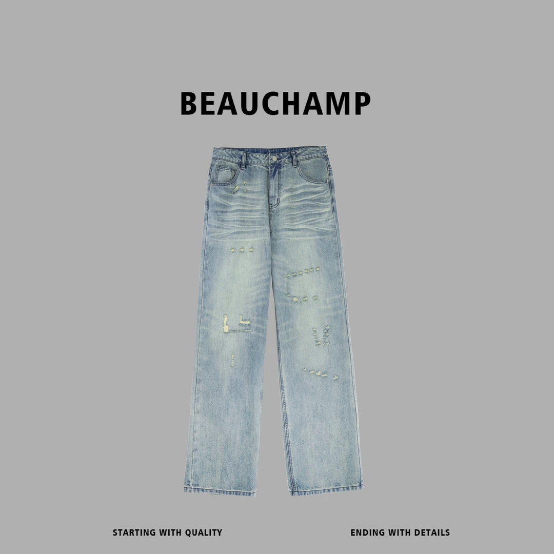 Beau champ品牌 美式水洗潮流百搭直筒破洞宽松休闲牛仔裤 1045#
