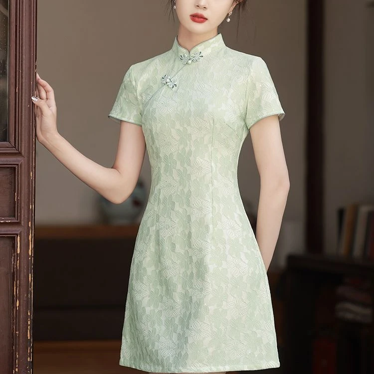 绿色旗袍新款2025新式改良年轻款少女夏季小个子短款A字裙中国风