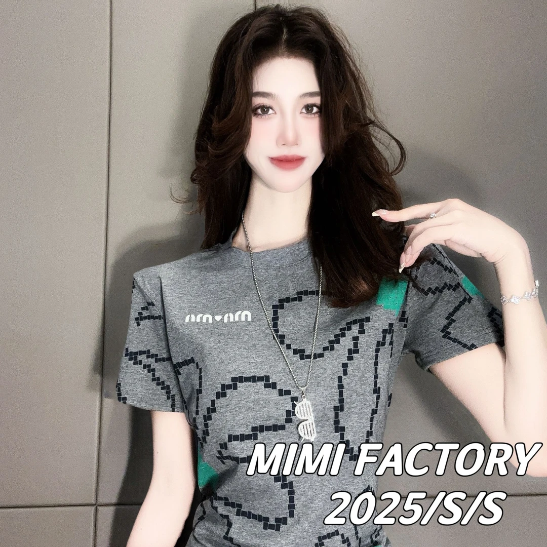 芈芈 2025新款短袖 欧货满印花朵短袖T恤女时尚修身显瘦上衣