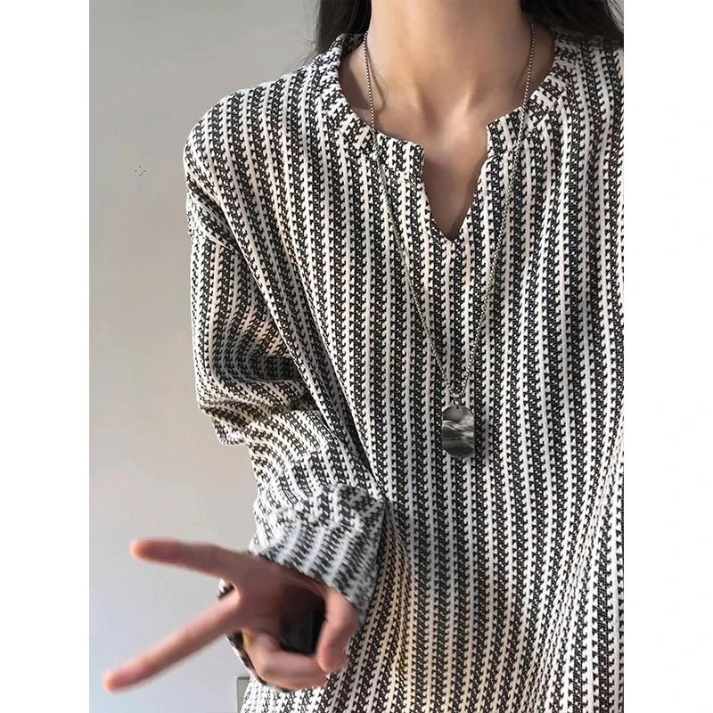 小香风鱼骨纹V领条纹卫衣男春秋季美式hiphop高街ins衣服长袖T恤