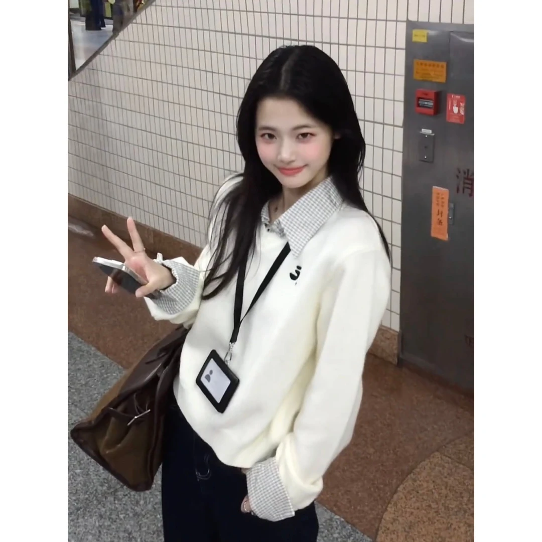 韩系高级感穿搭假两件polo领毛针织衫女学院风冬季衬衫拼接上衣