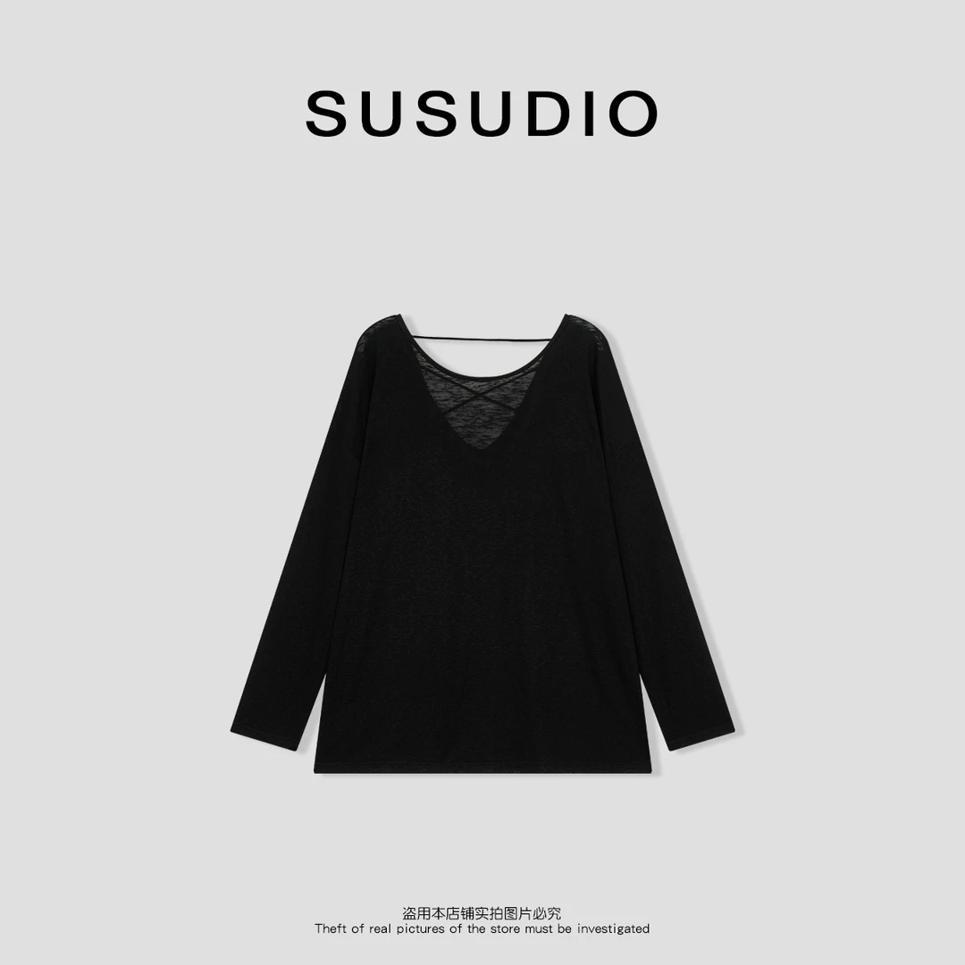 SUSUDIO 天丝莱赛尔 新款宽松轻薄露背防晒衣罩衫长袖T恤10320