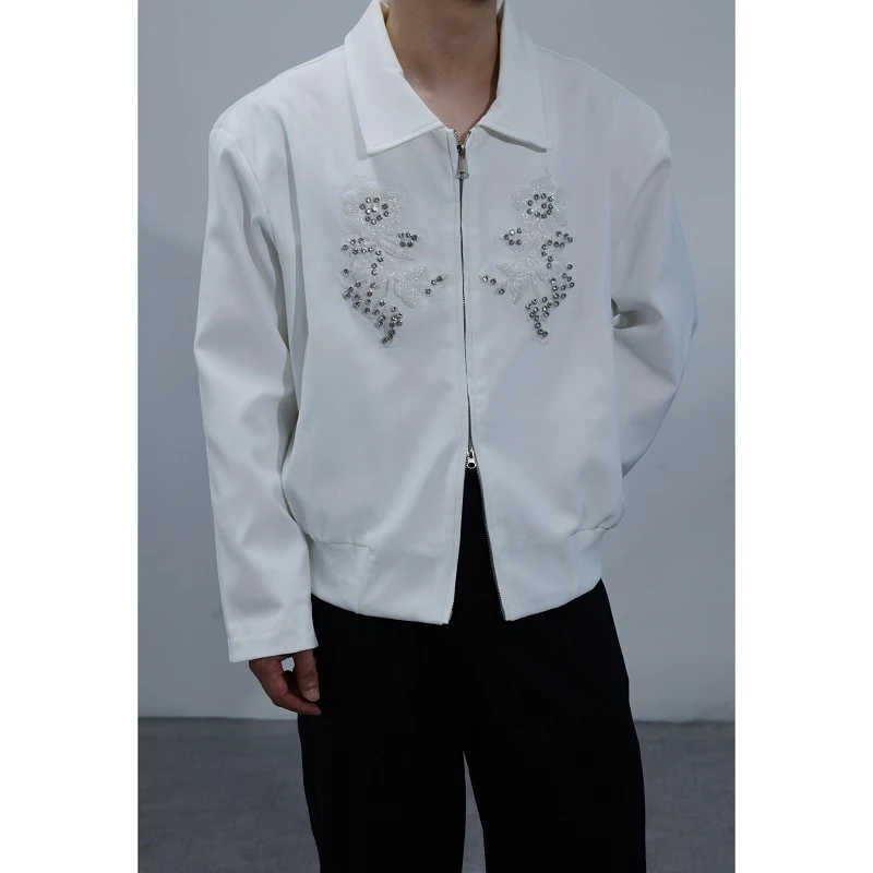 早秋轻奢高级感亮钻绣花短款夹克男小众设计感痞帅发型师垫肩外套