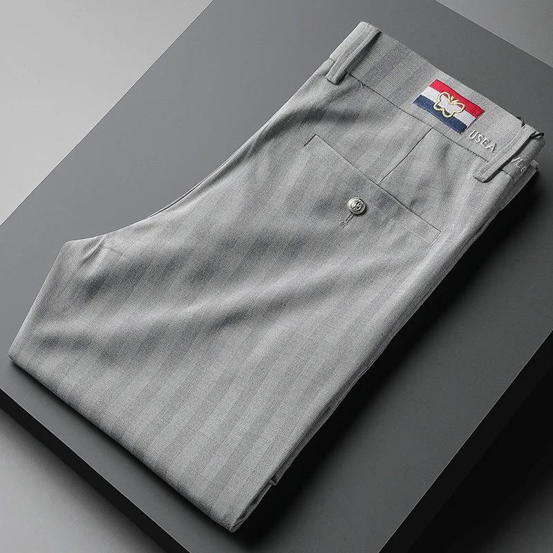 吉伦略索夏季品质高级休闲西裤男小直筒修身腰头刺绣商务条纹长裤