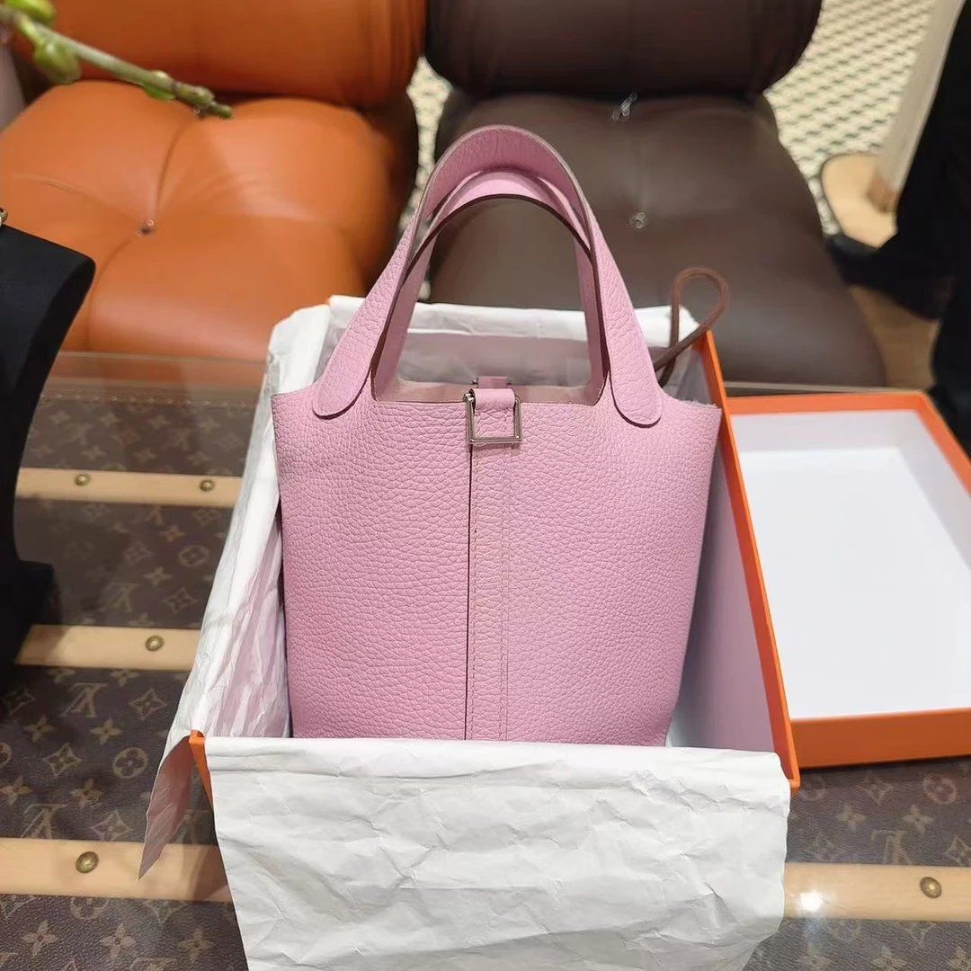 全新未使用 Hermes/爱马仕 水桶18 锦葵紫 银扣 TC皮 B刻！